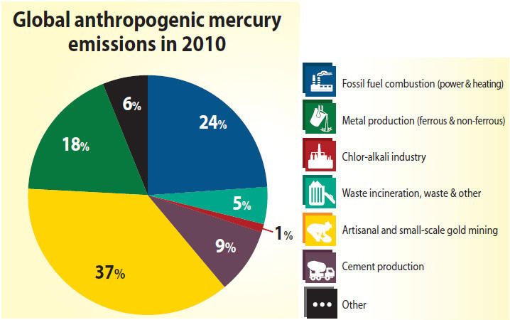 UNEP's 2013 report, "Time to Act" recently updated the proportion of emissions from each source. ASGM is now the largest estimated source of emissions, with coal plants in second place.